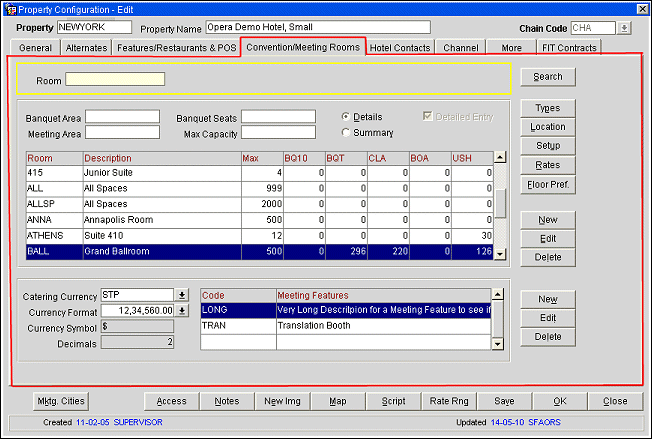OPERA 5 interface opened on the Meeting Room management tab 